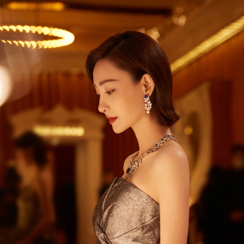 Sang Trọng Bạc 925 Kim Cương Xanh Zircon Bông Tai Hình Quạt Váy Tua Rua Bông Tai