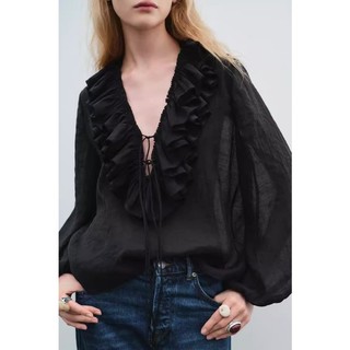 ZA Loose V-neck Solid-color Long-sleeved Shirt 8544207