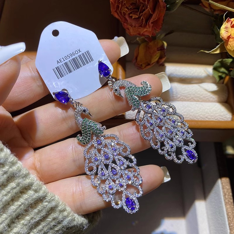 Phong Cách Mới Hình Con Công Zircon Thời Trang Ánh Sáng Bông Tai Sang Trọng s925 Bạc Kim Bông Tai Tinh Tế