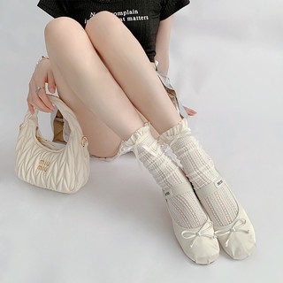 Gothic Trắng Giữa Nơ Tất Mùa Hè Mỏng Phần Rỗng Ren Satin Dây Tất JK Cọc Ống Hoa Tất