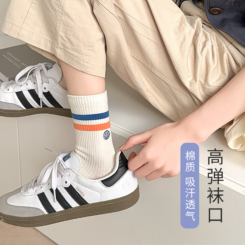 [[Thêu]] Tất Nữ Hai Thanh Sọc Phong Cách Mới Lược Hoạt Hình Mặt Cười Thể Thao Phong Cách Preppy Giữa Ống Tất