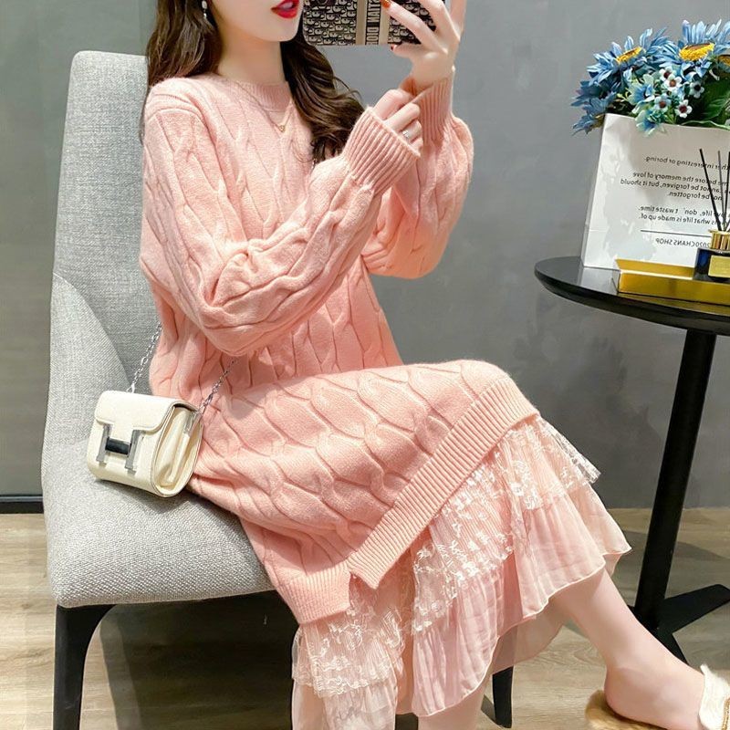 Đầm Dệt Kim Nữ Mùa Xuân Mới Giữa Chiều Dài Ren Mùa Thu Dày Tay Dệt Kim