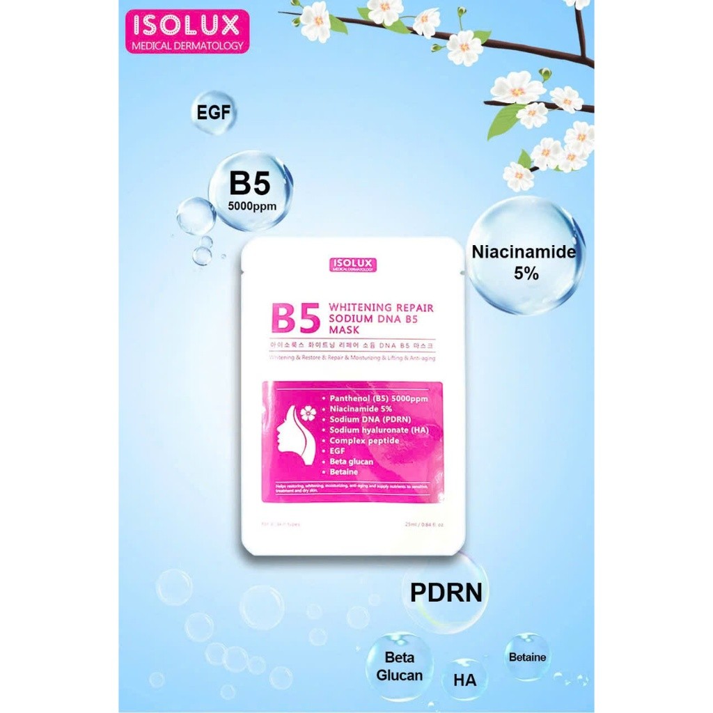 20 miếng Mặt nạ ISOLUX Whitening Repair Sodium DNA B5 HQ hạn 2029- giảm thâm dưỡng trắng cấp ẩm  da IS60