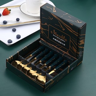 Set 6 thìa inox mạ vàng cán sứ xanh ngọc vân đá kèm hộp sang trọng cao cấp loại 1 #A87