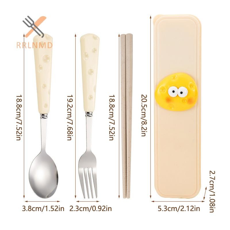 Rrlnmd Thép Không Gỉ Dễ Thương Thìa Phô Mai Nĩa Lúa Mì Chop Bộ Ba Món Học Sinh Trẻ Em Di Động Bộ Đồ Ăn Hộp Bảo Quản MỚI