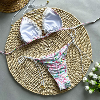 Đồ bơi nữ màu hồng hoa ren cốc dây hai mảnh Bikini Đồ bơi