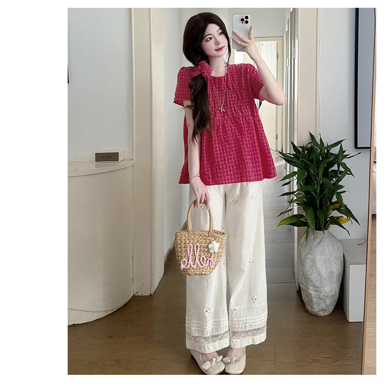 Bộ đồ bà bầu Áo ngắn tay kẻ sọc mùa hè + Quần ống rộng bằng vải lanh Cotton Bộ đồ hai mảnh