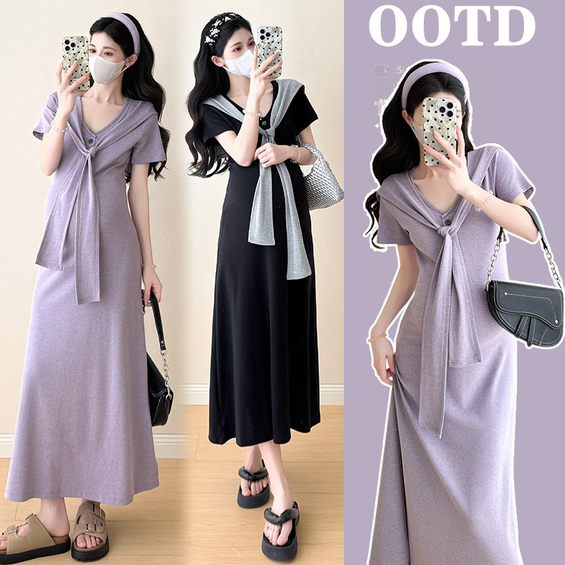 Bộ đồ bà bầu Váy dệt kim dài vừa phải khí chất mùa hè