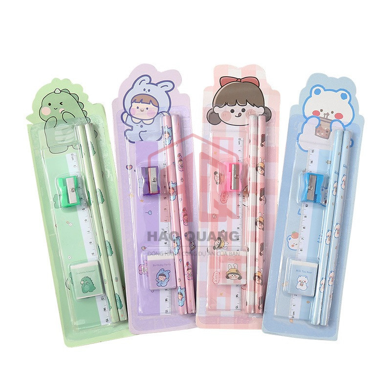 Set Dụng Cụ Học Tập Học Sinh 4 Món – Bút Chì, Thước, Gọt, Tẩy – Siêu Dễ Thương