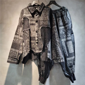 Áo khoác hậu cung chất liệu denim họa tiết hạt điều và hoa, thoáng mát, thời trang