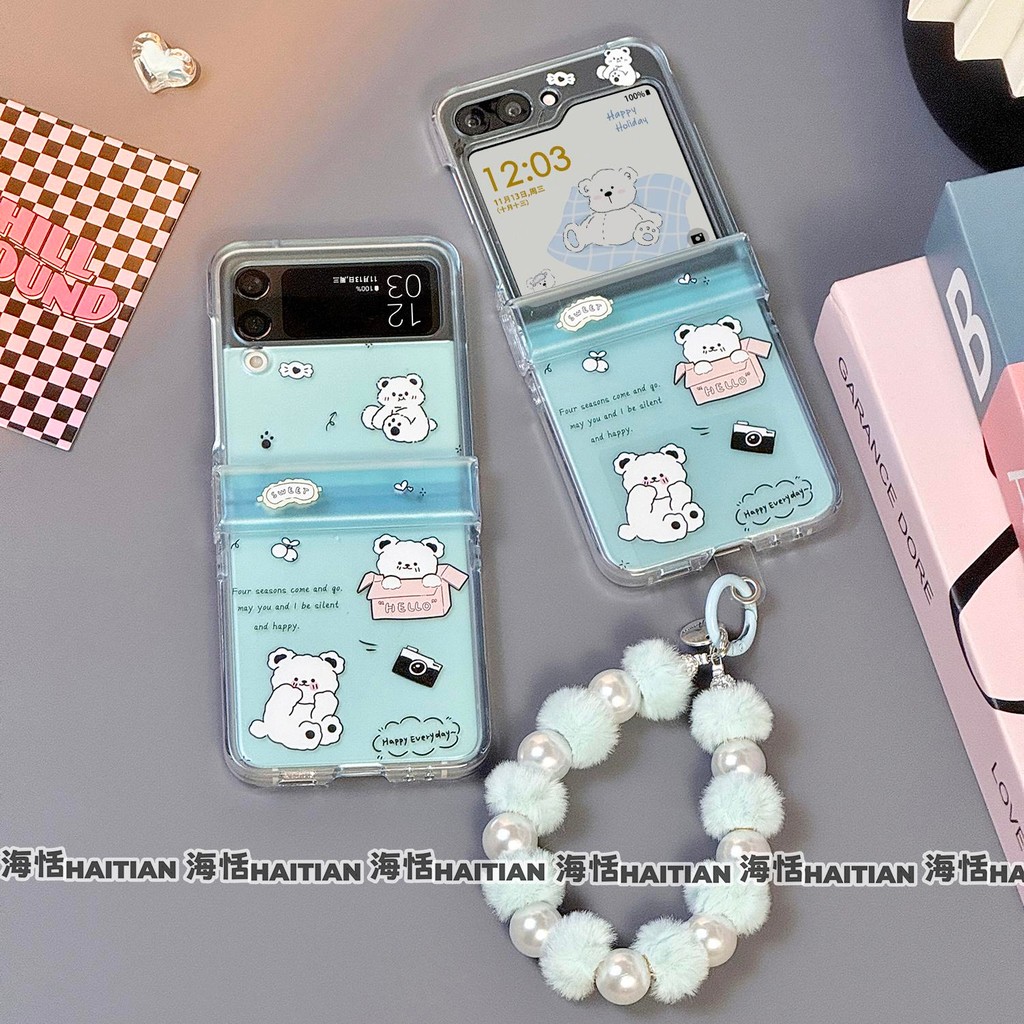 Thích Hợp Cho Samsung Galaxy Zflip7 Hoạt Hình Quà Tặng Gấu Màu Xanh Vỏ Điện Thoại Dây Gấp Cho ZFlip 6 5 4 3 5G N3Flip MixFlip 2 Vỏ Bảo Vệ Cứng