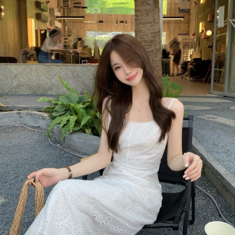 SUXI Váy dài không tay thêu đơn giản mùa hè mới dành cho nữ 250716