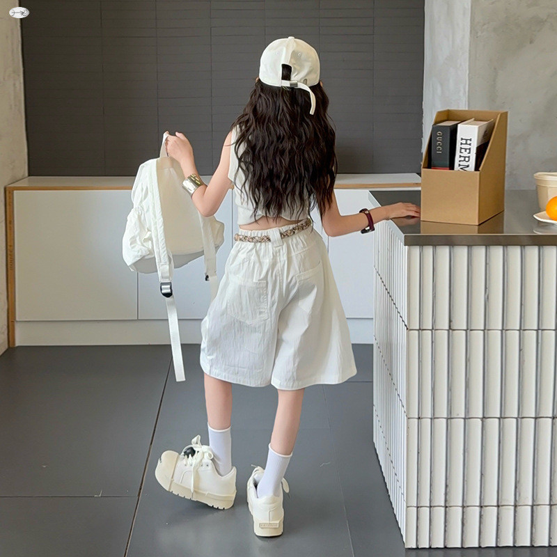 Bộ đồ thời trang bé gái 2025 Phong cách mới Phiên bản Hàn Quốc Áo Vest in hình trẻ em + Quần rộng giữa Bộ đồ hai mảnh