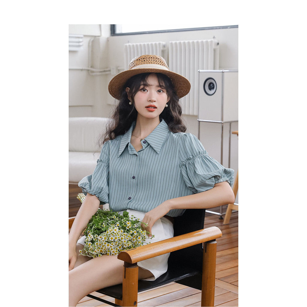Mutu Pháp Retro Sọc Puff Tay Áo Sơ Mi Nữ Mùa Hè 2026 Phong Cách Mới Thiết Kế Cao Cấp Niche Top
