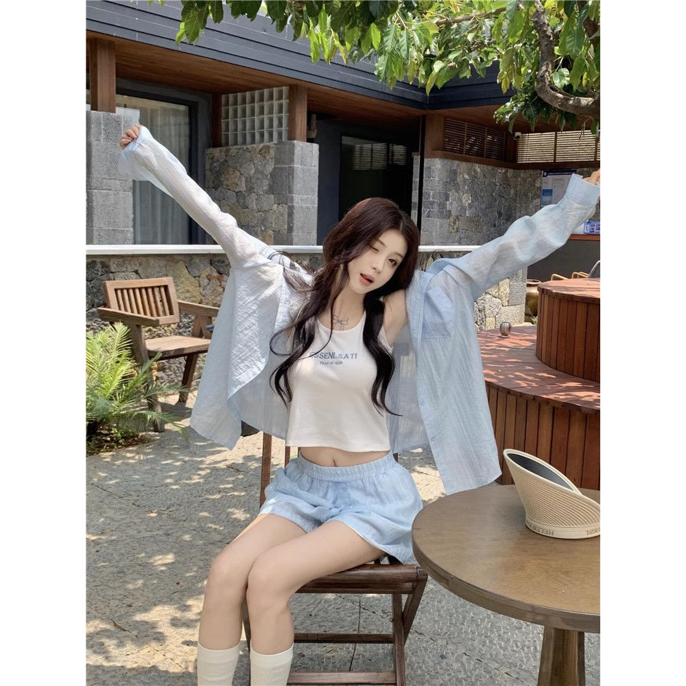 [Yu]Set hè nữ năng động, áo sơ mi dài tay chống nắng, quần short ống rộng dễ phối, thoải mái.