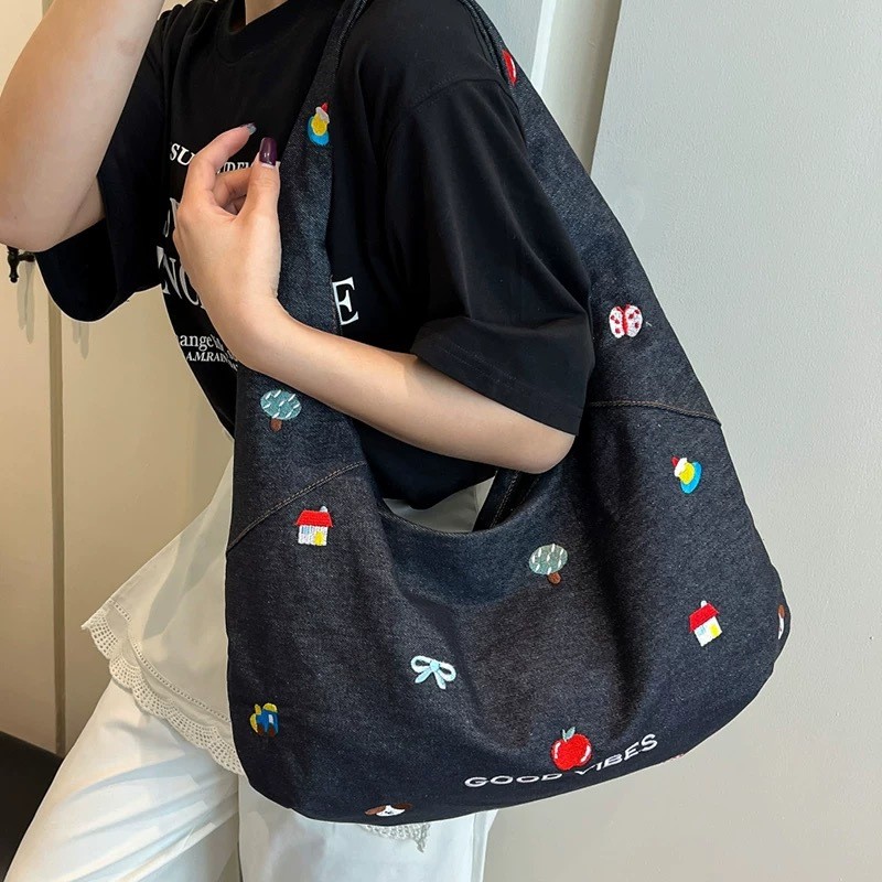 Túi Đeo Vai Vải Bố Dung Tích Lớn Thêu Họa Tiết Cute Phong Cách Hàn Quốc Đi Làm Đi Chơi