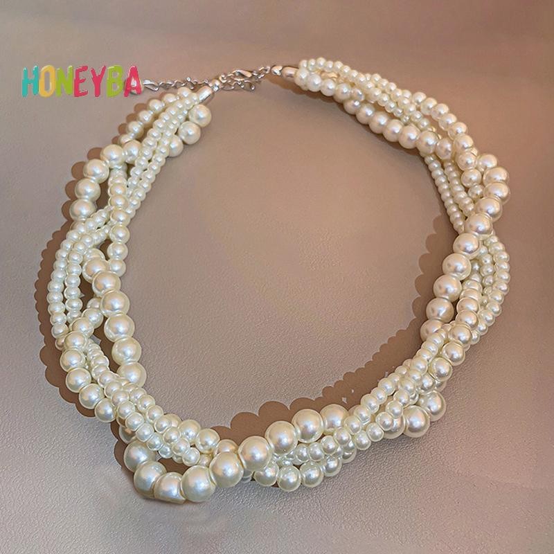 < Honeyba > Dây chuyền vòng cổ ngọc trai Twining dành cho nữ Dây chuyền hình học Phụ kiện trang sức đám cưới