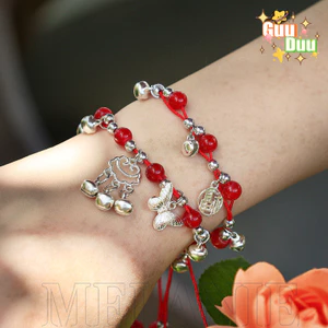 GuuDuu Vòng tay cặp đôi mặt chuông đám mây dây bện đỏ - Vòng tay thủ công có thể điều chỉnh - Quà tặng sinh nhật - Phụ kiện trang sức phong cách Trung Quốc
