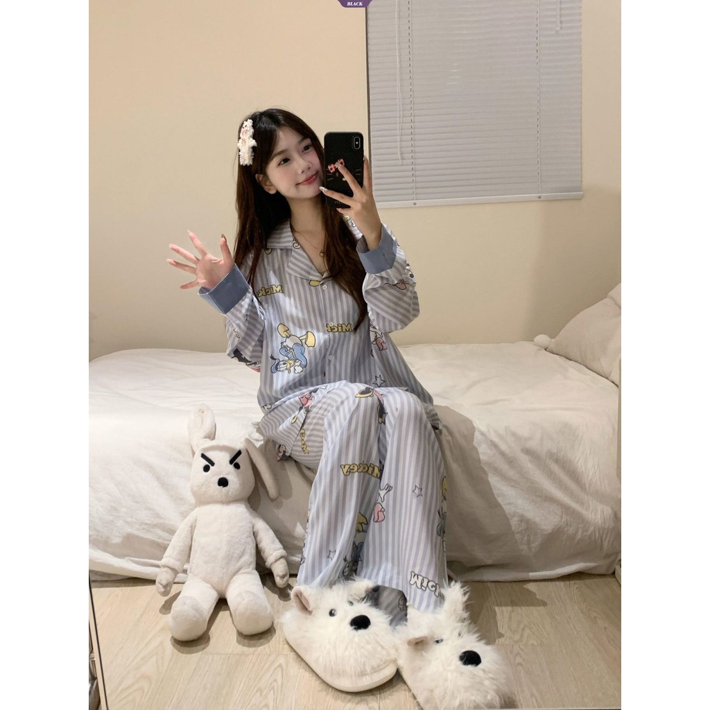 Bộ đồ ngủ vịt Mickey và Donald sọc xanh, quần dài tay, phù hợp xuân thu, bộ đồ gia đình