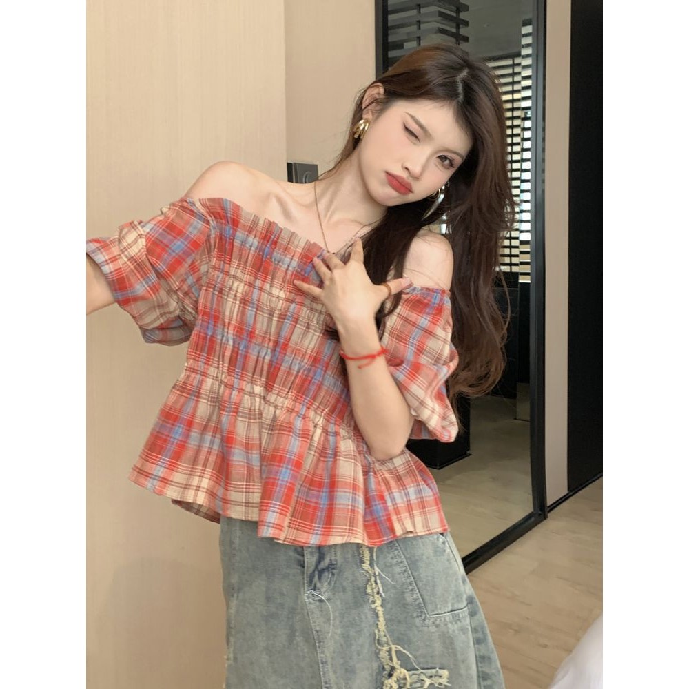 Áo sơ mi hoa đỏ lụa phồng tay ngắn kiểu Hàn Quốc - Vải cotton thoáng mát cho ngày hè