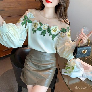 Áo sơ mi nữ thiết kế độc đáo lưới bảng, phong cách mới với họa tiết hoa thêu sang trọng