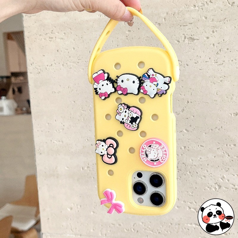 Crocs Silicon Ốp Lưng Điện Thoại iPhone 16 15 14 Pro Max 13 16ProMax 15ProMax 14ProMax Cover Hoạt Hình Dễ Thương Lỗ Giày Lấp Lánh Trong Suốt Thạch Chống Sốc Thoáng Khí Dây Đeo Tay Vỏ Mềm