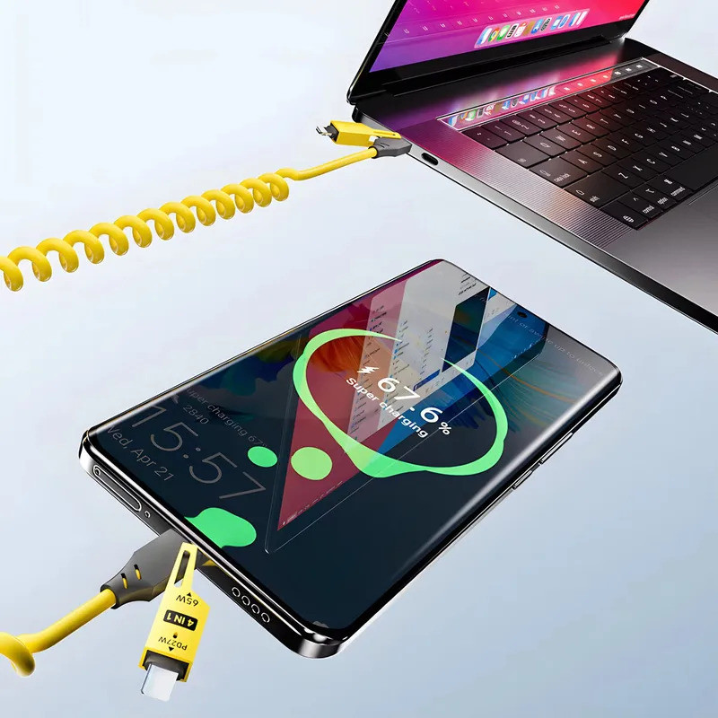 65W Lò Xo Cáp Dữ Liệu Ngắn 6A USB Loại C 4 Trong 1 Lò Xo Kính Thiên Văn Nhanh Dây Sạc Lò Xo Cáp USB Cho iPhone iPad MacBook