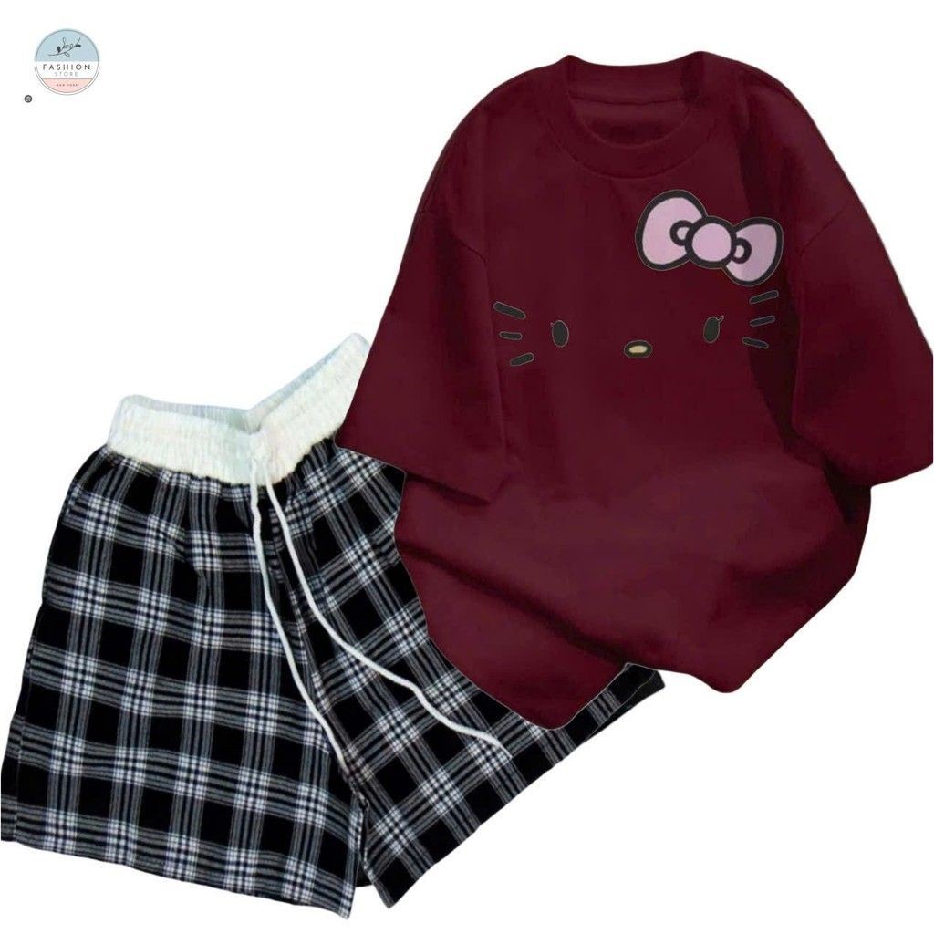 sét bộ quần đùi cộc kẻ caro cạp chun màu trắng +mix áo phông form rộng- hình MÈO ĐƠN GIẢN-QUẦN ÁO 94