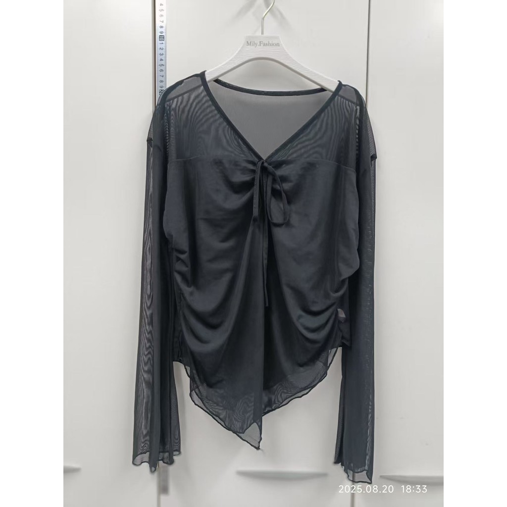 Milyfashion v-Cổ Phối Ren Dài Tay Gạc T Mùa Hè Mỏng Không Đều Hơi Trong Suốt Slim-Fit Top Quần Áo Nữ