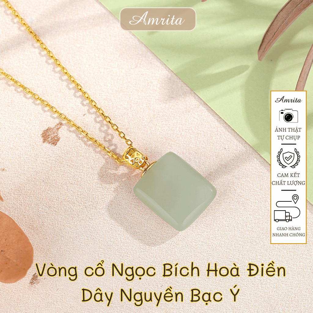 Vòng cổ Ngọc Bích Hoà Điền Hetian Dây Truyền Bạc Ý -  Amrita