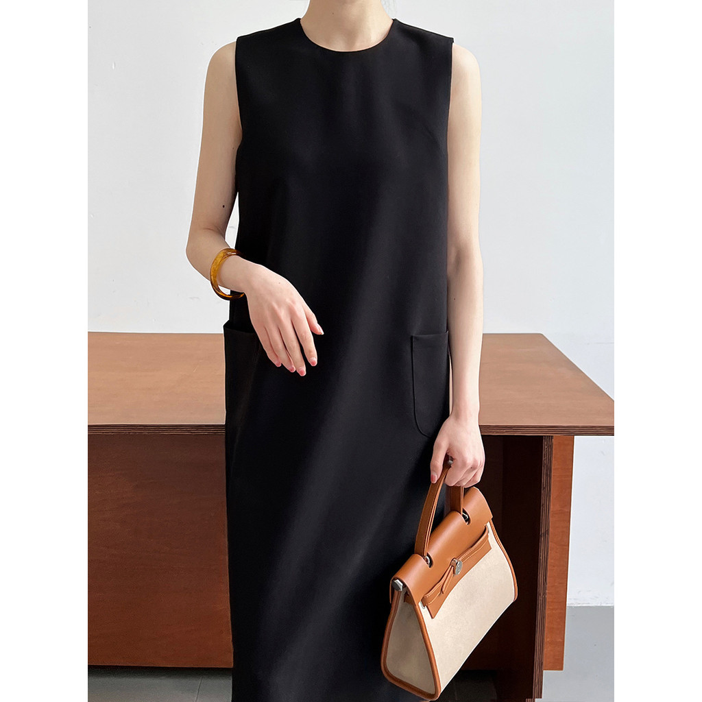 Sang Trọng Đơn Giản Đi Lại Không Tay Phù Hợp Với Áo Vest Đầm Nữ Rời Cổ Tròn Drape Váy Thẳng 3622