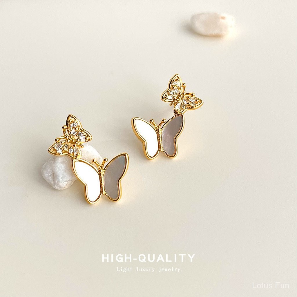 Bông Tai Bướm vỏ sò 14k mạ Zircon kim bạc Hoa tai đi làm thời trang đơn giản khí chất thanh lịch ngọt ngào