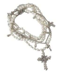 Exhila Vintage Ngọc Trai Nhiều Lớp Dây Vòng Cổ Choker Với Hợp Kim Chắc Chắn Chữ Thập Mặt Dây Chuyền Trang Sức Phụ Kiện Cho Hợp Thời Trang
