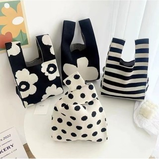 Túi đeo tay thắt nút Mini dành cho nữ Handmade Túi xách dệt kim thông thường Túi Tote kẻ sọc màu Túi Tote sinh viên Túi mua sắm tái sử dụng