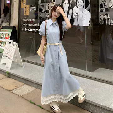 【Bess's house】váy tiểu thư sang chảnh,váy đẹp cho nữ sang chảnh,váy sang chảnh,váy babydoll dáng dài,Ren Ve Áo Tay Ngắn Nữ Mùa Hè Mới Thắt Lưng Chữ A Giảm Béo Sọc Đầm,váy dáng dài, 2 dây dáng dài