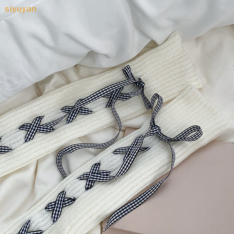 Siyuyan Người Phụ Nữ Chân Ấm Mùa Thu Đông Ruy Băng Gothic Đen Đầu Gối Ấm Tất Dài JK Dệt Kim Chân Ấm VN