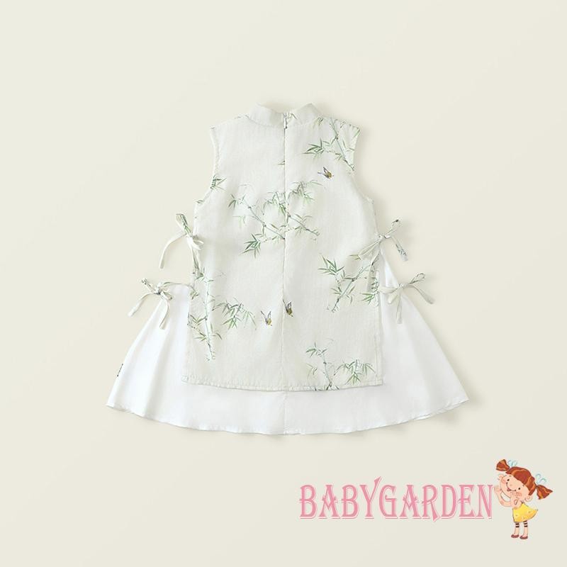 Baga-kids Cô Gái Qipao Đầm Phong Cách Trung Hoa In Tre Thắt Nơ Giả Cổ Không Tay Mùa Hè Xe Tăng Đầm