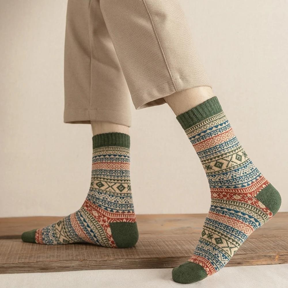 WEETW 5 Đôi Tất Cotton Nam, Tuyết Giữa Bắp Chân Dày Tất Mùa Đông, Mềm Mại Ấm Áp Phong Cách Bắc Âu Giáng Sinh Ống Len Tất Thu Đông