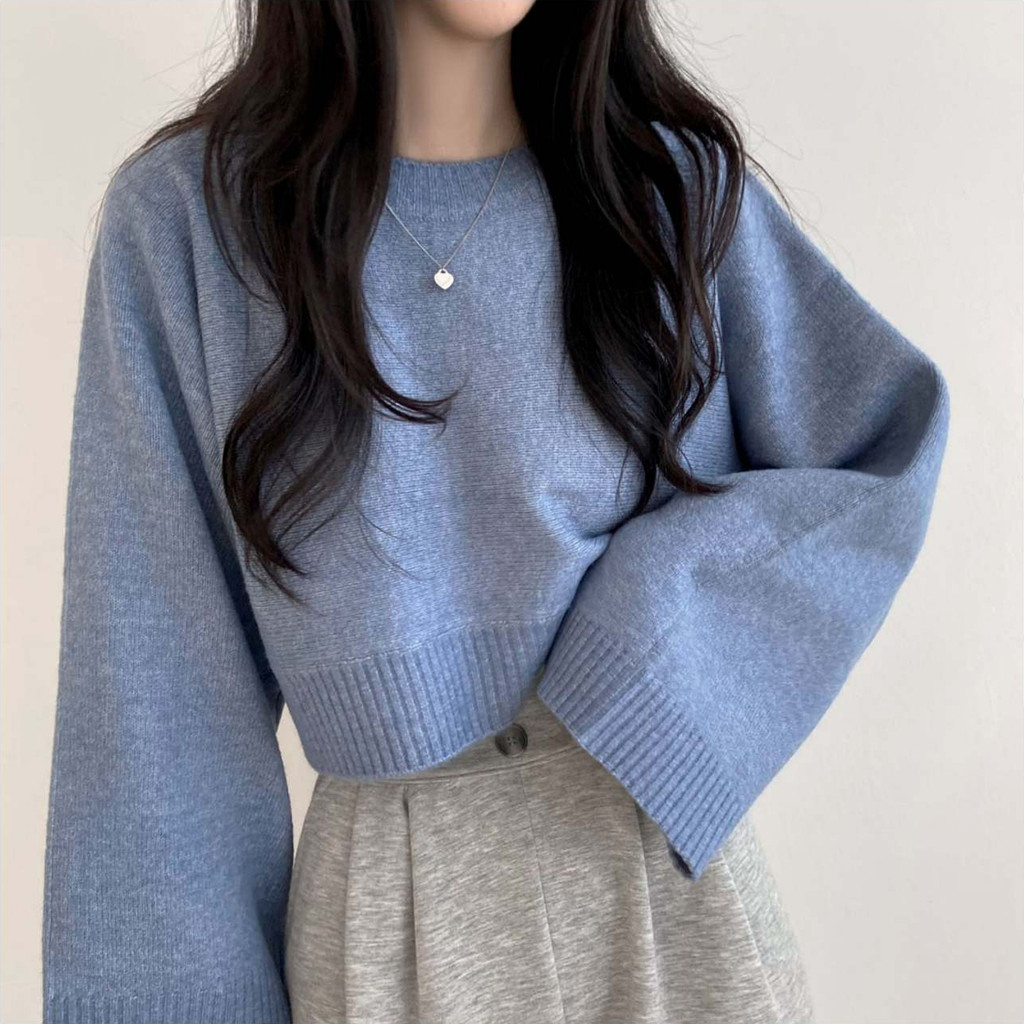 Suxi Retro Rời Thu Đông Thời Trang Mới Đơn Giản Cổ Tròn Dài Tay Dệt Kim Áo Len Nữ Ngắn 240908
