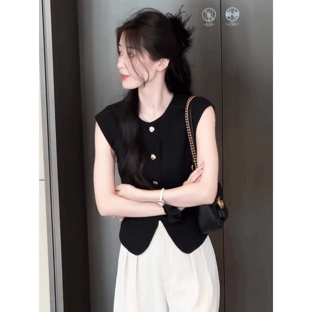 Suxi Đơn Giản Màu Trơn Pháp Retro Thu Đông Mới Áo Vest Nữ Không Tay Ngắn 240921