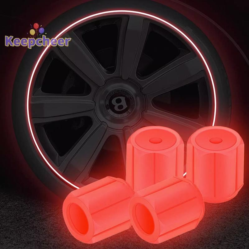 [Keepcheer] 4 Mũ van lốp phát sáng cho ô tô, xe máy, xe đạp, bánh xe, công cụ tạo kiểu trung tâm phát sáng trong bóng tối, thân van che bụi không khí, phụ kiện [Mới]