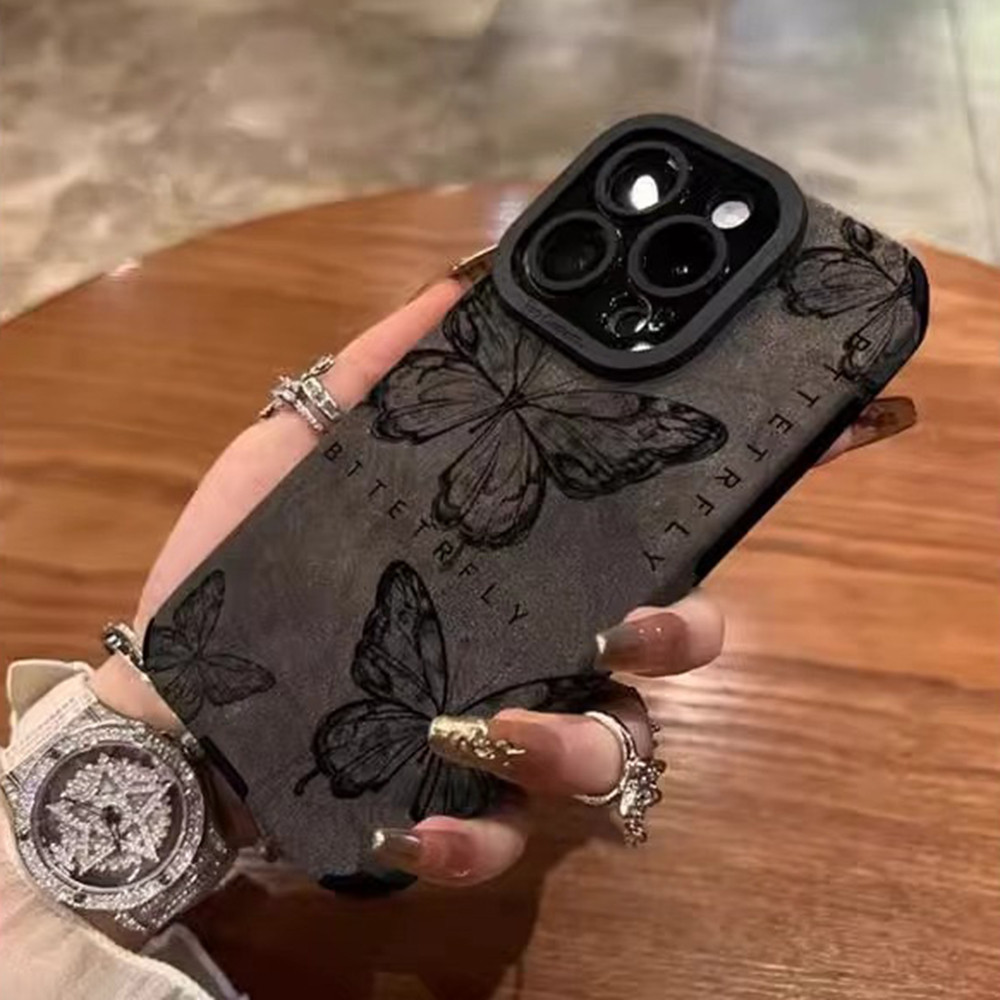 Ốp Điện Thoại Da Bướm Đen Cho iPhone 17 Pro Max 17 Air 16Plus 15 14 13 12 11 Bảo Vệ Toàn Diện Vỏ Bảo Vệ Chống Sốc