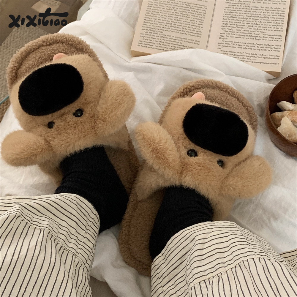 Mùa Thu Đông Lông Dép Cặp Đôi Hoạt Hình Chó Dễ Thương Dép Đi Trong Nhà Dép Cotton
