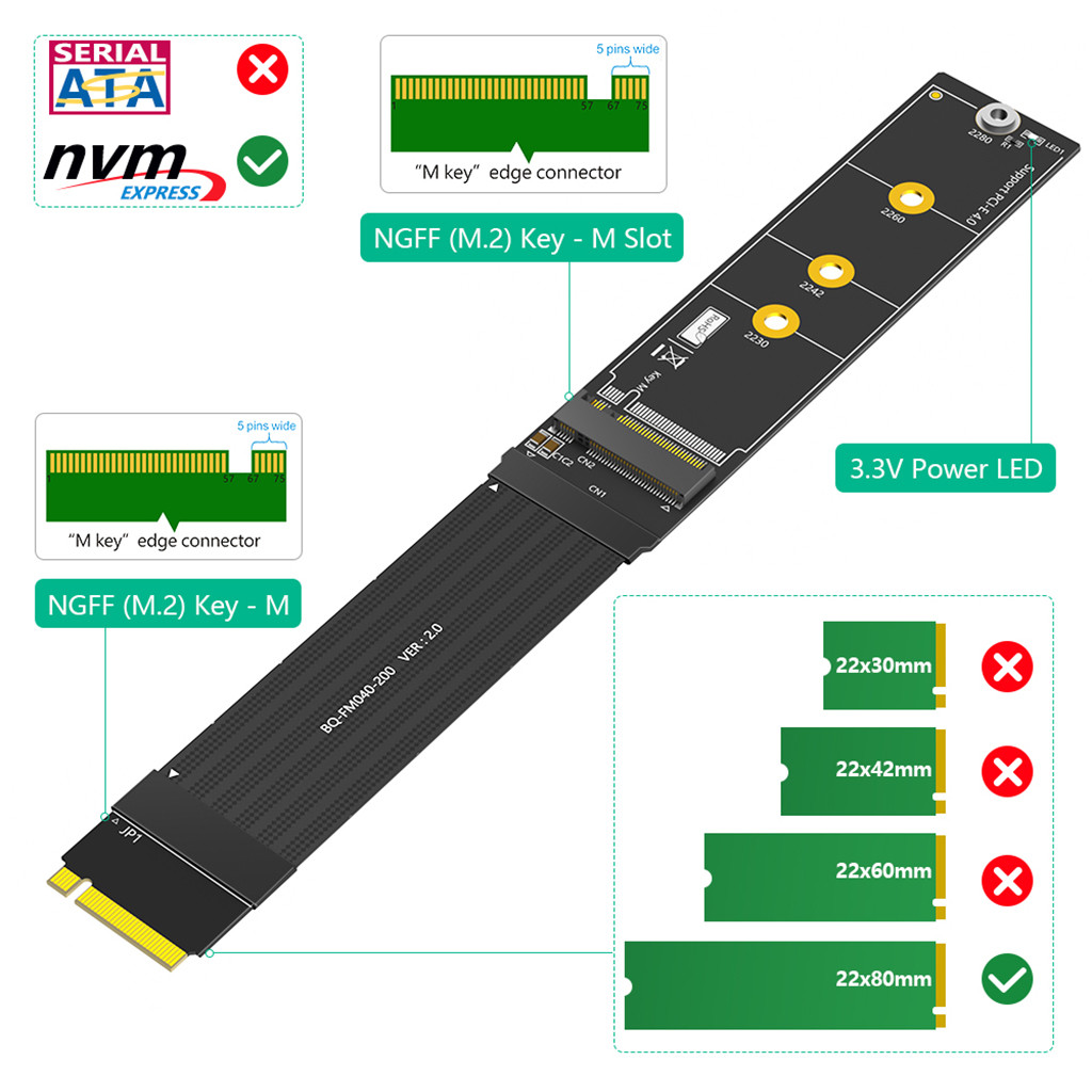 JMT Nâng Cấp 90 / 180 / 270 Độ M.2 M Key NVME SSD Cáp Nối Dài Cho M.2 NVME 2230 2242 2260 2280 Đến 2280 Cáp SSD