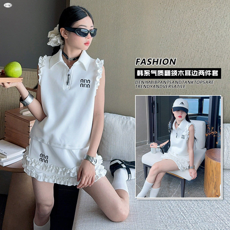 Bộ đồ ren thời trang bé gái Phiên bản Hàn Quốc Áo cổ polo trắng + Váy eo cao Bộ đồ hai mảnh