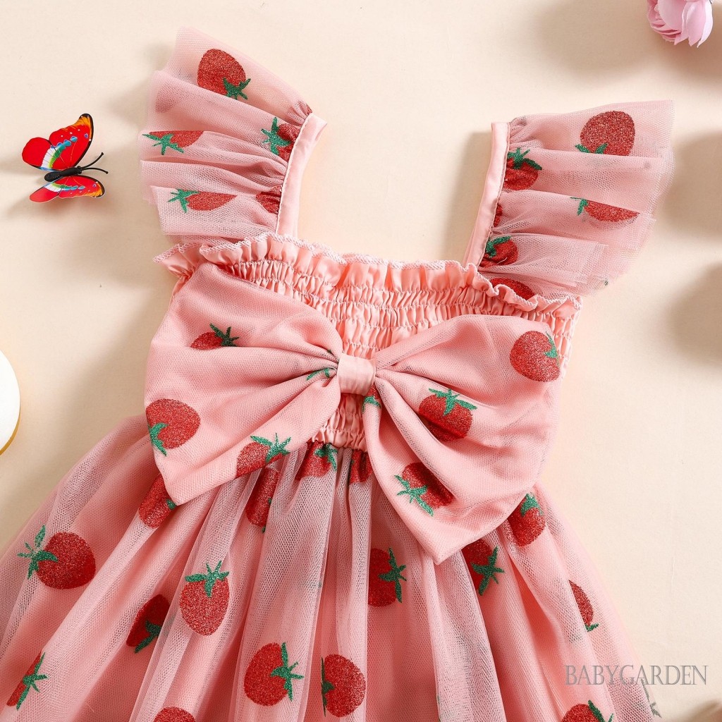 / / -Baby Girl Ruffle Tay Vuông Cổ Dâu In Hình Công Chúa Tulle