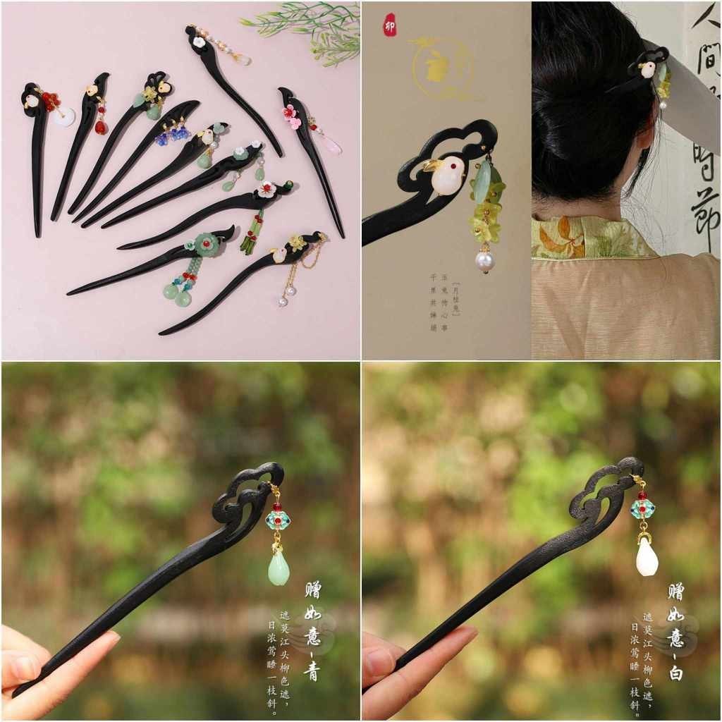 Tổng hợp các mẫu trâm cài tóc gỗ mun Phong cách Cổ trang Trung Hoa, Phụ kiện cài tóc cổ trang