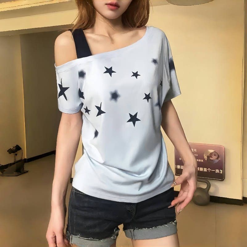 Áo thun ngắn tay in hình ngôi sao Mỹ, dáng rộng thoải mái, trendy cho năm 2025