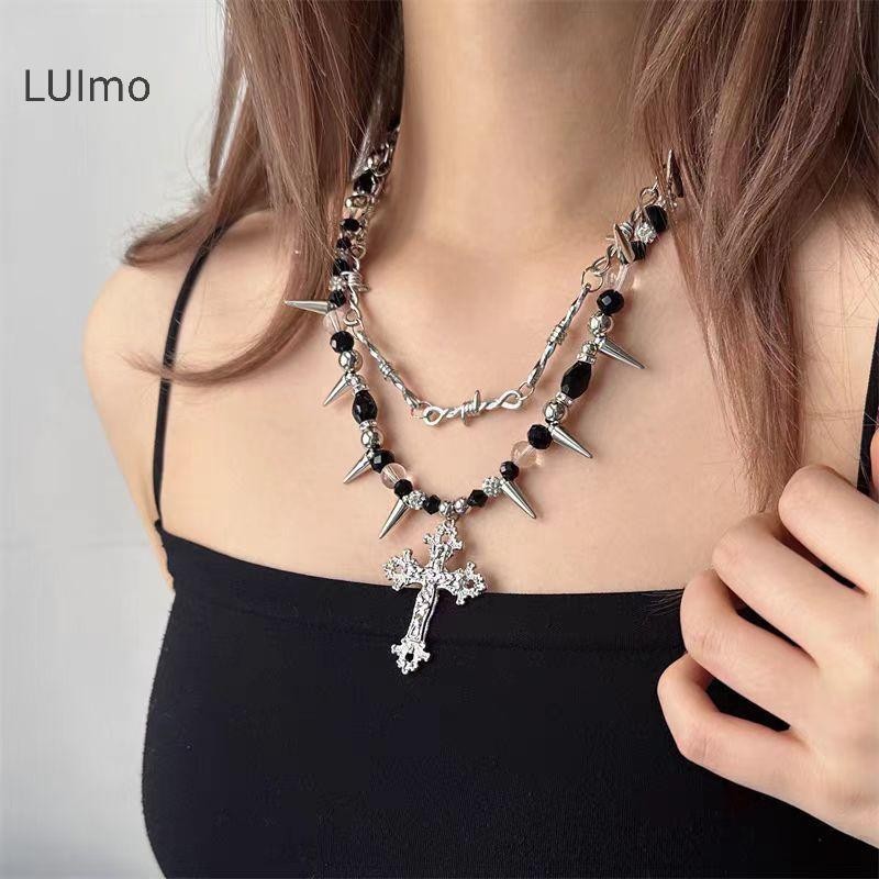 Trang sức LUImo - Dây chuyền Gothic tối punk vintage, đính hạt gai đinh tán hai lớp cho nữ