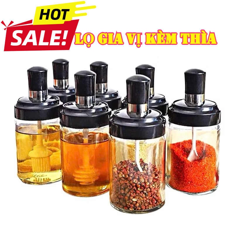 Hộp đựng gia vị kèm thìa, chất liệu thủy tinh, an toàn cho sức khỏe